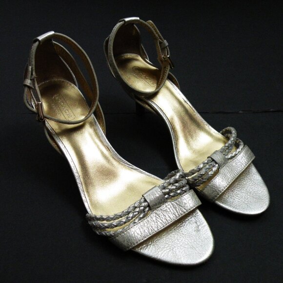 COACH-IEESHA Gold Leather Strappy Kitten Heel Sandals Open Toe 10 - Picture 1 of 7